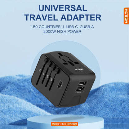 MOXOM MX-HC100M Multi-Nation Travel Adapter – 150+ Countries, Dual USB Charging, Built-In Fuse
