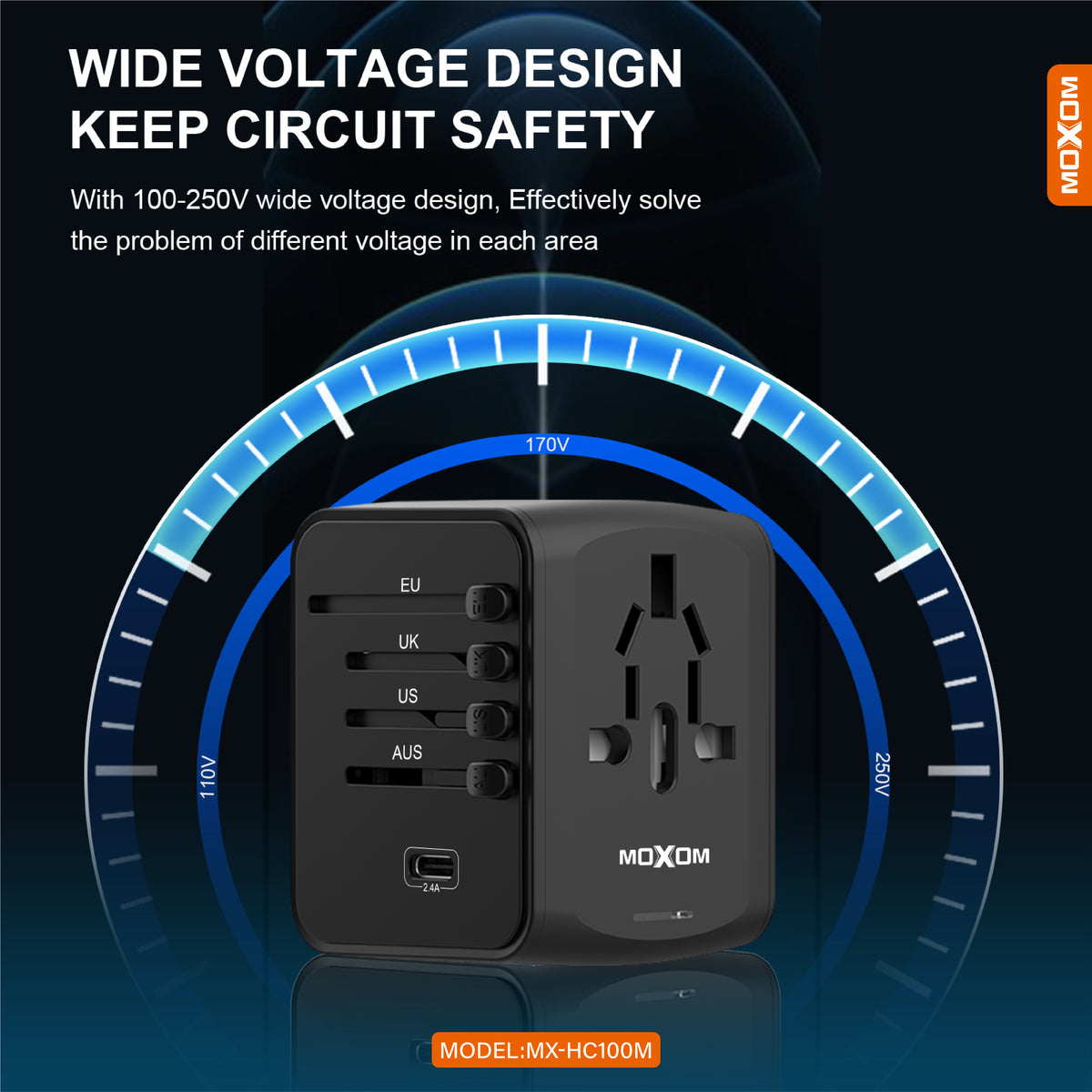 MOXOM MX-HC100M Multi-Nation Travel Adapter – 150+ Countries, Dual USB Charging, Built-In Fuse