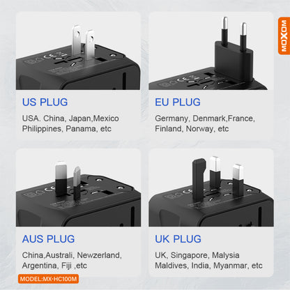 MOXOM MX-HC100M Multi-Nation Travel Adapter – 150+ Countries, Dual USB Charging, Built-In Fuse