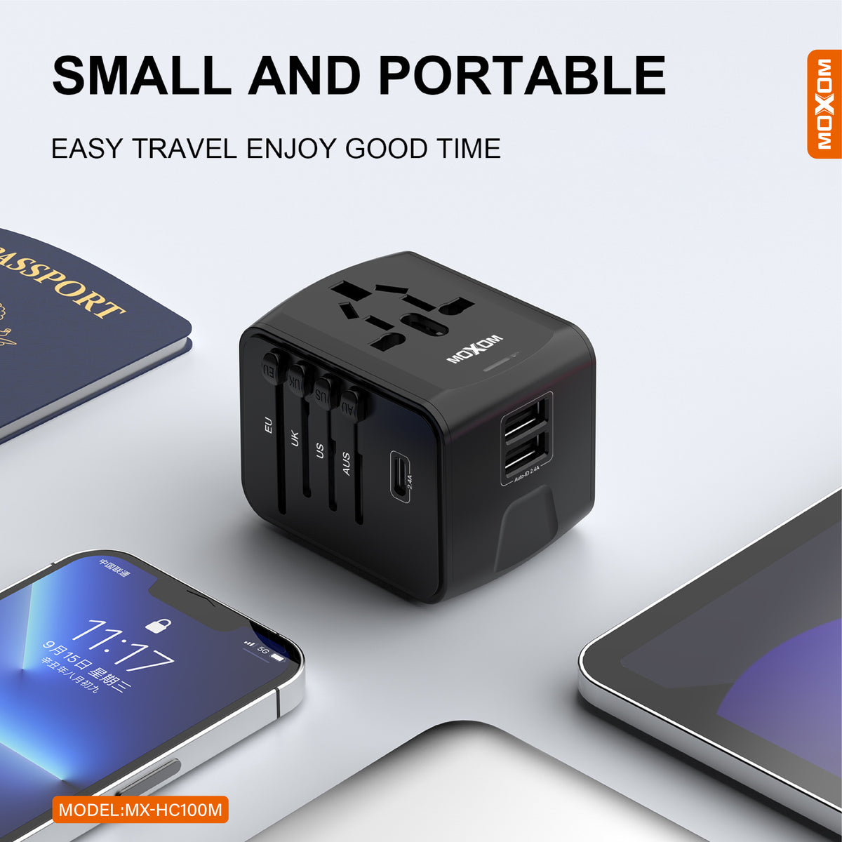 MOXOM MX-HC100M Multi-Nation Travel Adapter – 150+ Countries, Dual USB Charging, Built-In Fuse