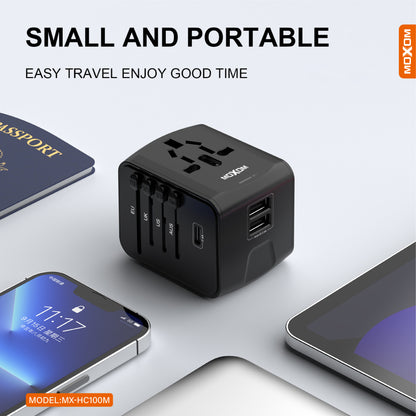 MOXOM MX-HC100M Multi-Nation Travel Adapter – 150+ Countries, Dual USB Charging, Built-In Fuse