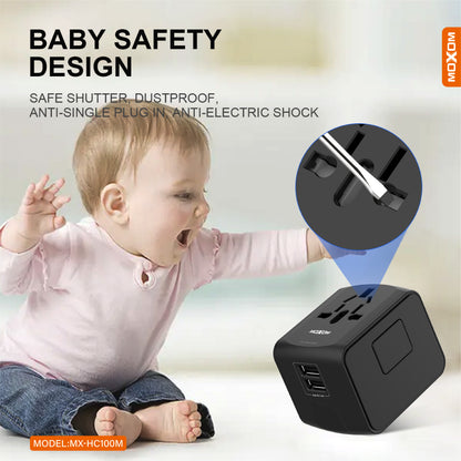 MOXOM MX-HC100M Multi-Nation Travel Adapter – 150+ Countries, Dual USB Charging, Built-In Fuse