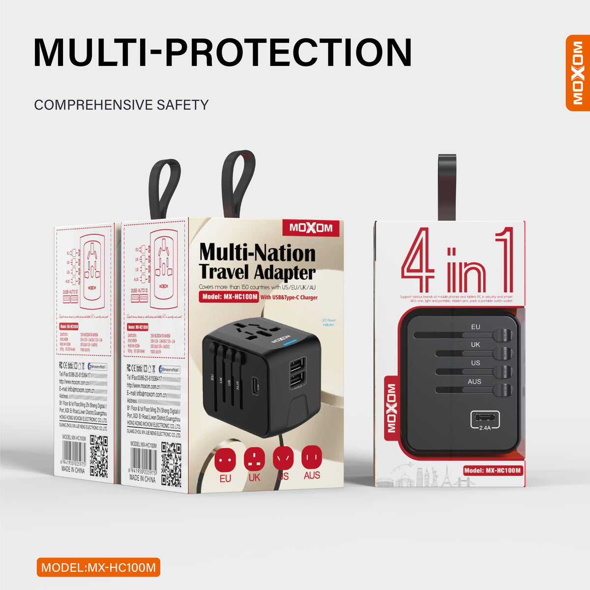 MOXOM MX-HC100M Multi-Nation Travel Adapter – 150+ Countries, Dual USB Charging, Built-In Fuse