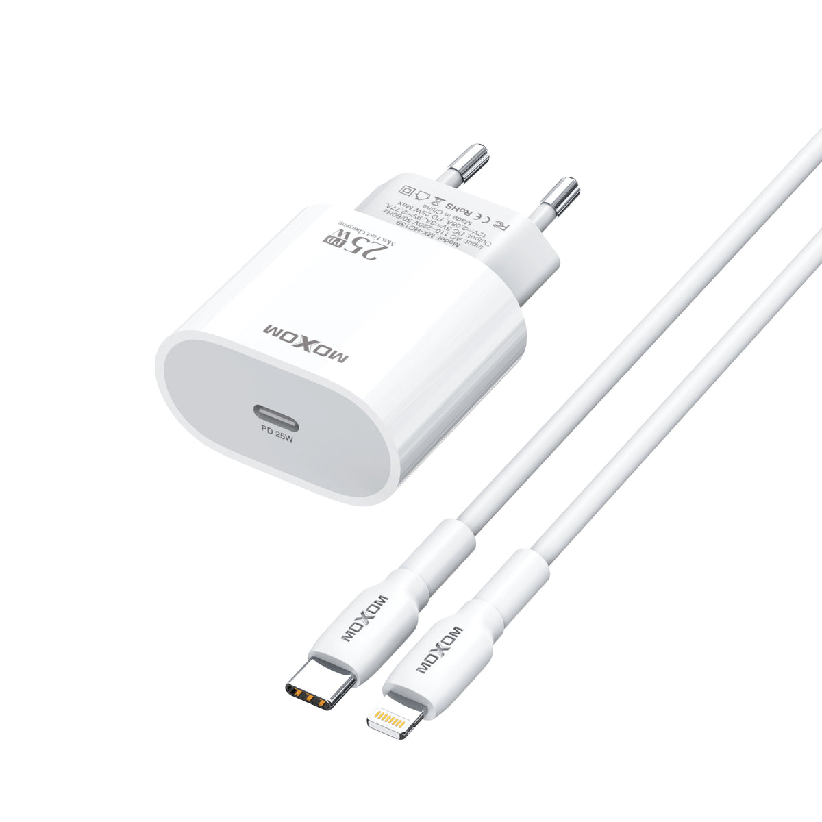 MOXOM MX-HC139 25W PD Fast Charger with Cable – USB-C Wall Plug + Type-C or Lightning Cable