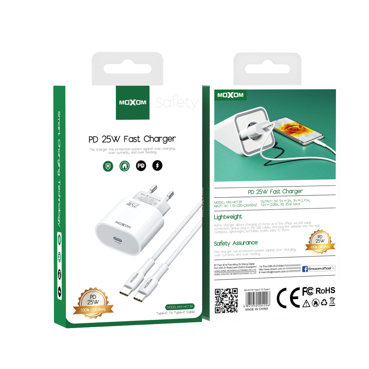 MOXOM MX-HC139 25W PD Fast Charger with Cable – USB-C Wall Plug + Type-C or Lightning Cable