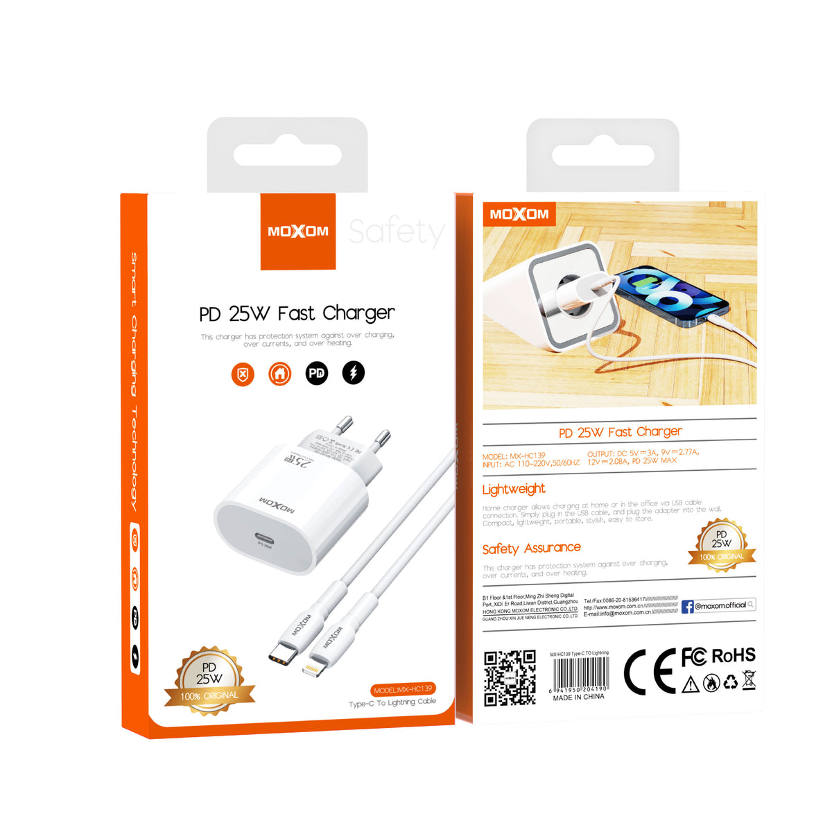 MOXOM MX-HC139 25W PD Fast Charger with Cable – USB-C Wall Plug + Type-C or Lightning Cable