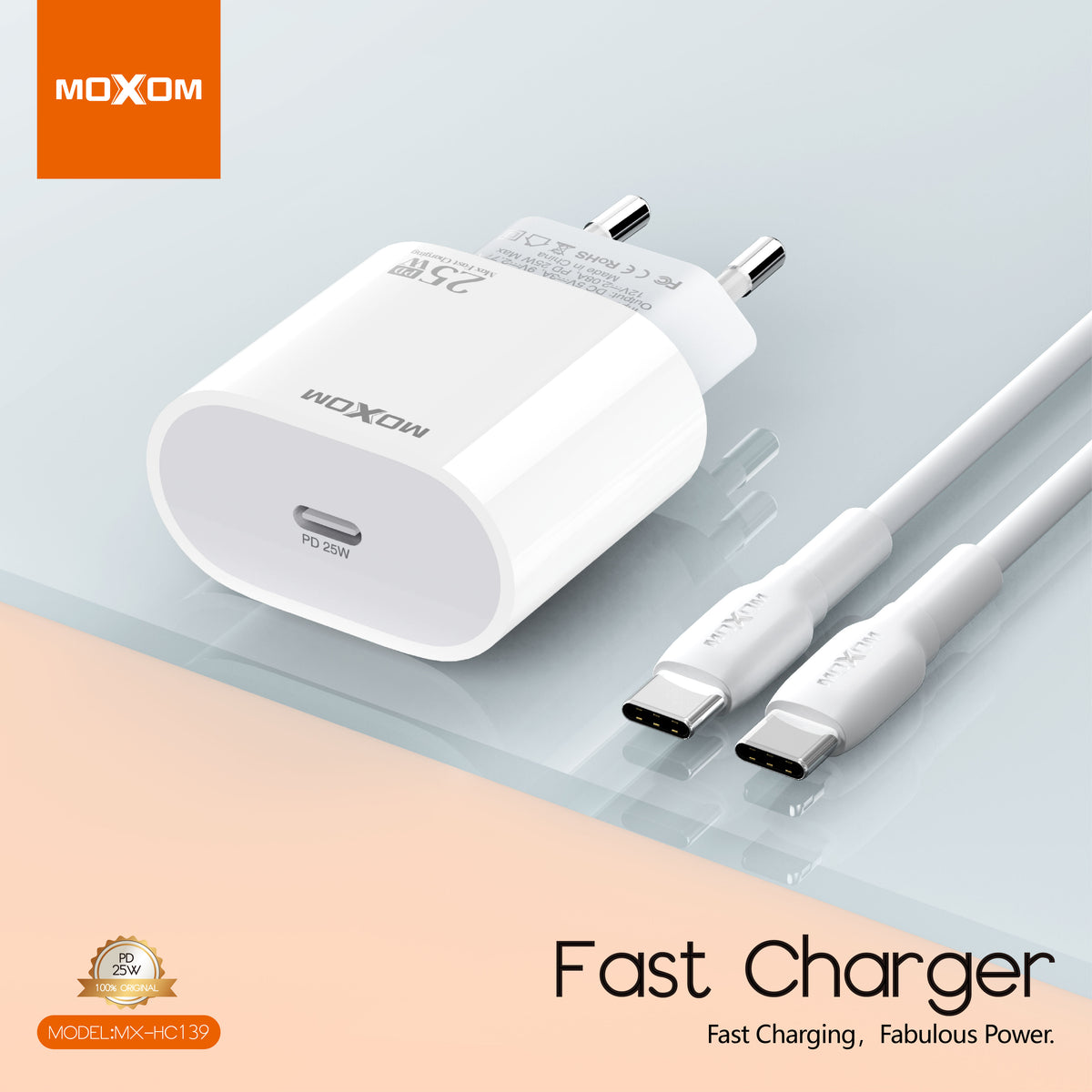 MOXOM MX-HC139 25W PD Fast Charger with Cable – USB-C Wall Plug + Type-C or Lightning Cable