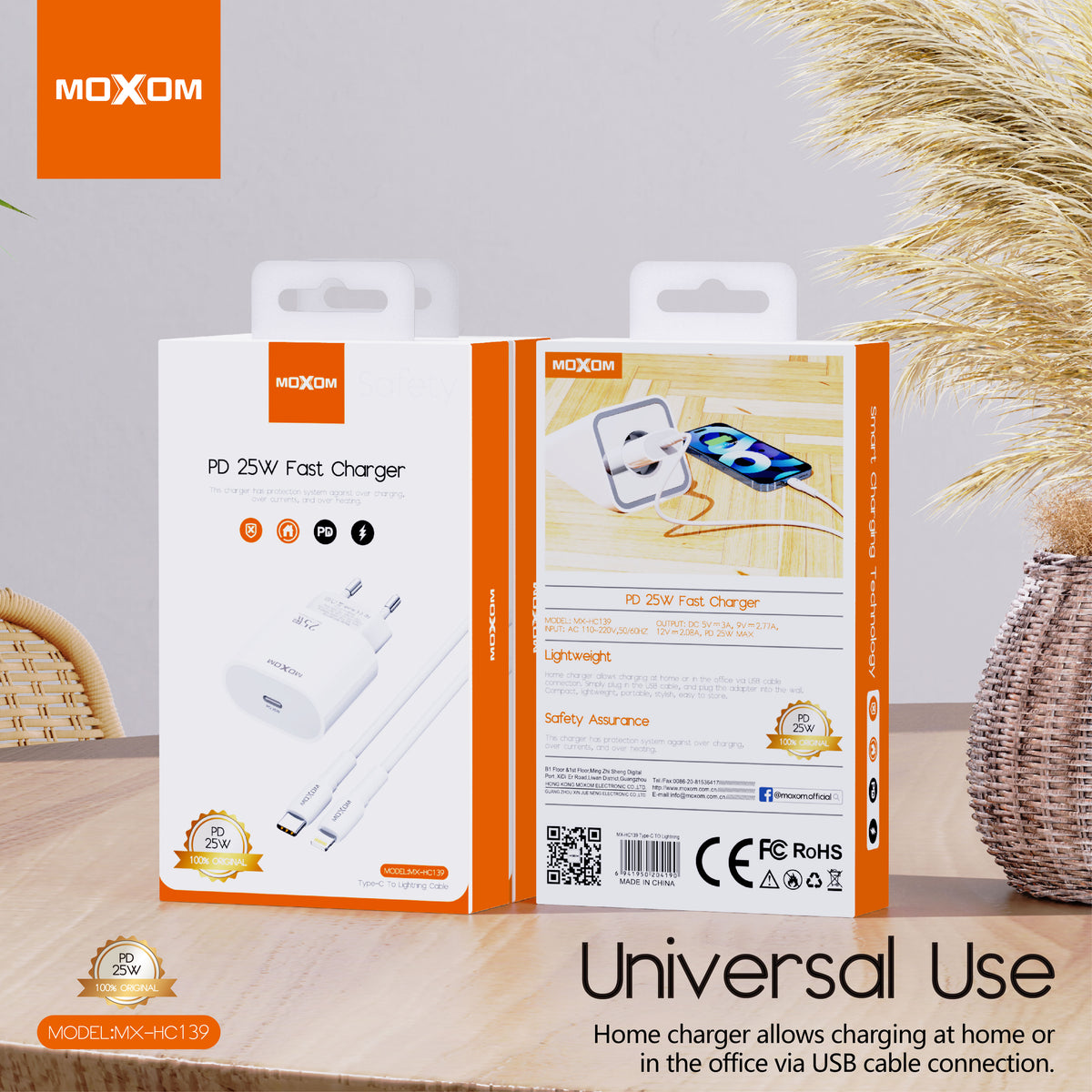 MOXOM MX-HC139 25W PD Fast Charger with Cable – USB-C Wall Plug + Type-C or Lightning Cable