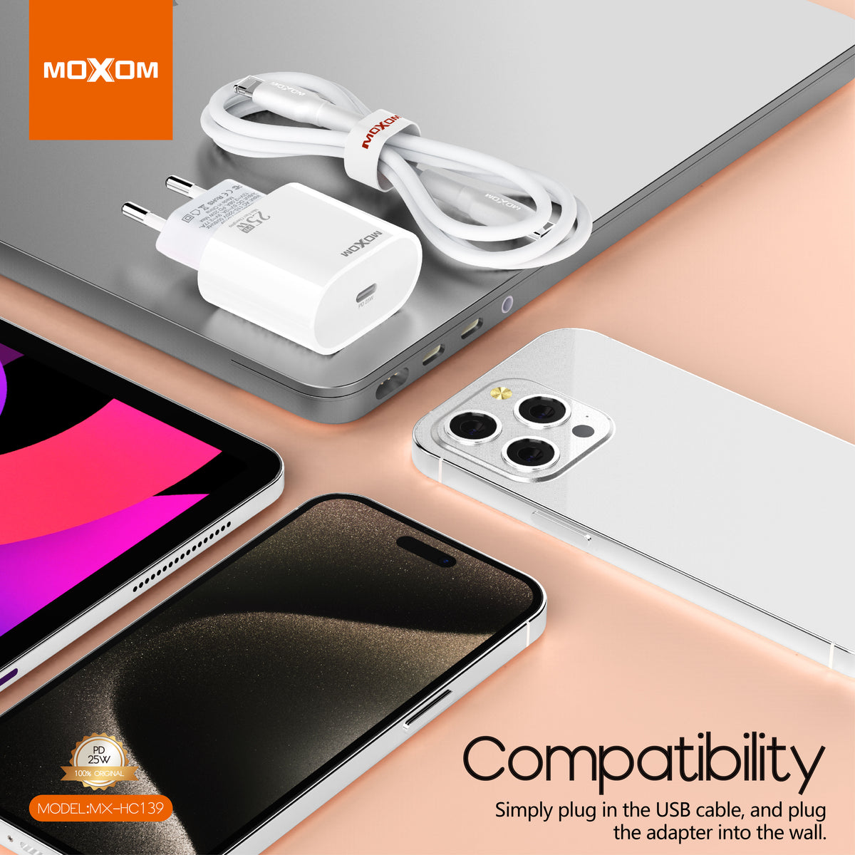 MOXOM MX-HC139 25W PD Fast Charger with Cable – USB-C Wall Plug + Type-C or Lightning Cable
