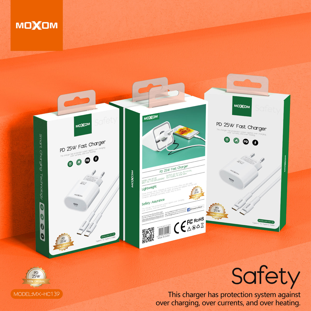 MOXOM MX-HC139 25W PD Fast Charger with Cable – USB-C Wall Plug + Type-C or Lightning Cable