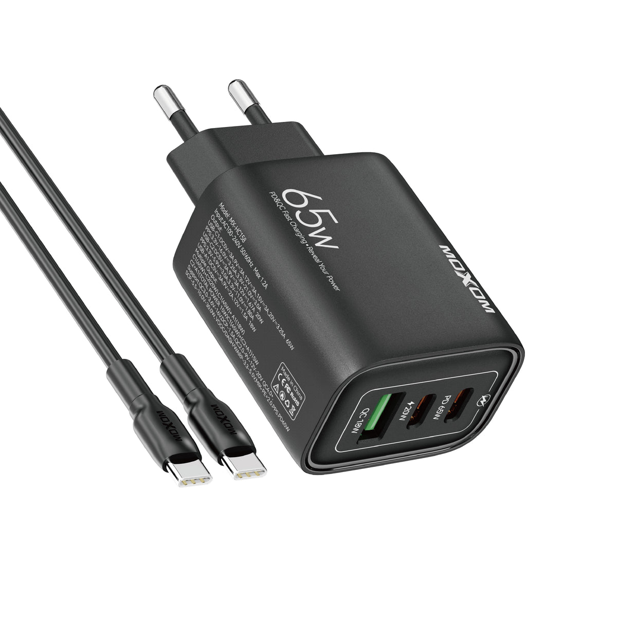 MOXOM MX-HC158 65W 3-Port Fast Charger – 2 USB-C + 1 USB-A, PD/QC/PPS/SCP, Type-C Cable Included