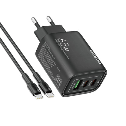 MOXOM MX-HC158 65W 3-Port Fast Charger – 2 USB-C + 1 USB-A, PD/QC/PPS/SCP, Type-C Cable Included