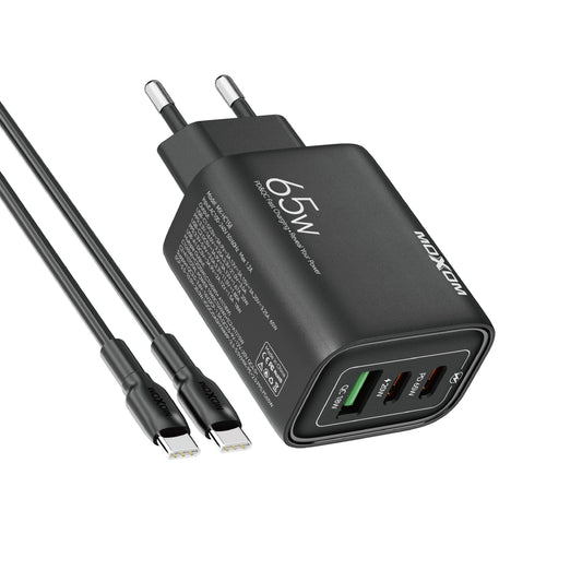 MOXOM MX-HC158 65W 3-Port Fast Charger – 2 USB-C + 1 USB-A, PD/QC/PPS/SCP, Type-C Cable Included
