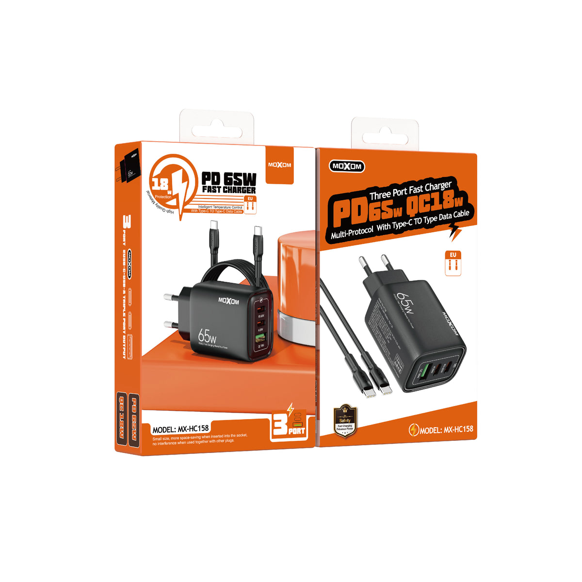 MOXOM MX-HC158 65W 3-Port Fast Charger – 2 USB-C + 1 USB-A, PD/QC/PPS/SCP, Type-C Cable Included