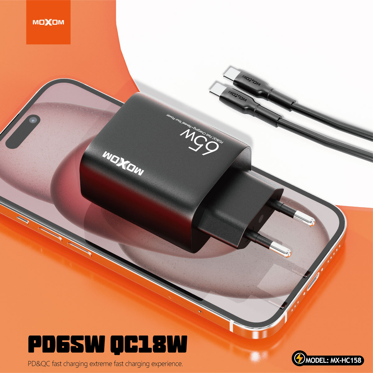 MOXOM MX-HC158 65W 3-Port Fast Charger – 2 USB-C + 1 USB-A, PD/QC/PPS/SCP, Type-C Cable Included