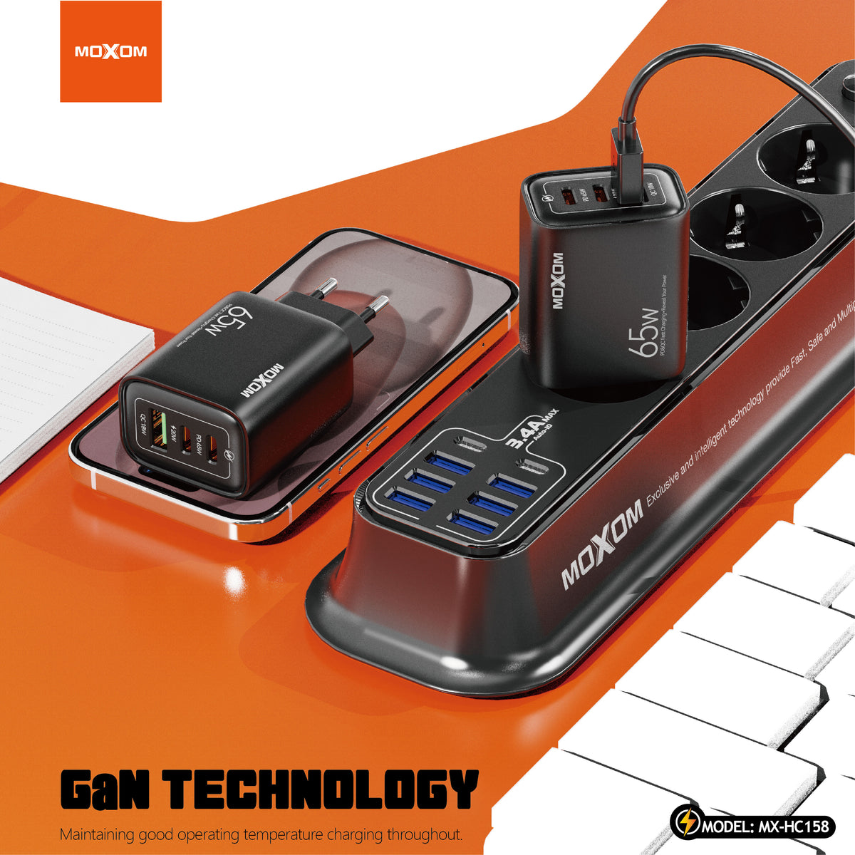 MOXOM MX-HC158 65W 3-Port Fast Charger – 2 USB-C + 1 USB-A, PD/QC/PPS/SCP, Type-C Cable Included