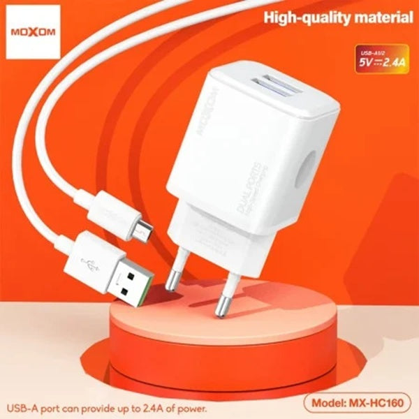 MOXOM MX-HC160 Dual USB Wall Charger 2.4A with Cable – Micro USB / Lightning / Type-C, EU Plug