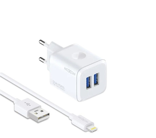 MOXOM MX-HC160 Dual USB Wall Charger 2.4A with Cable – Micro USB / Lightning / Type-C, EU Plug