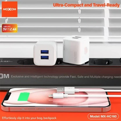 MOXOM MX-HC160 Dual USB Wall Charger 2.4A with Cable – Micro USB / Lightning / Type-C, EU Plug