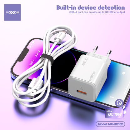 MOXOM MX-HC162 QC 18W USB-A Fast Charger + Cable – Micro USB, Lightning or Type-C, EU Plug, White
