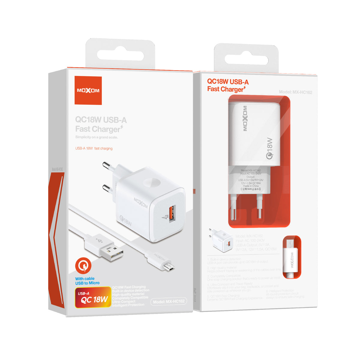 MOXOM MX-HC162 QC 18W USB-A Fast Charger + Cable – Micro USB, Lightning or Type-C, EU Plug, White