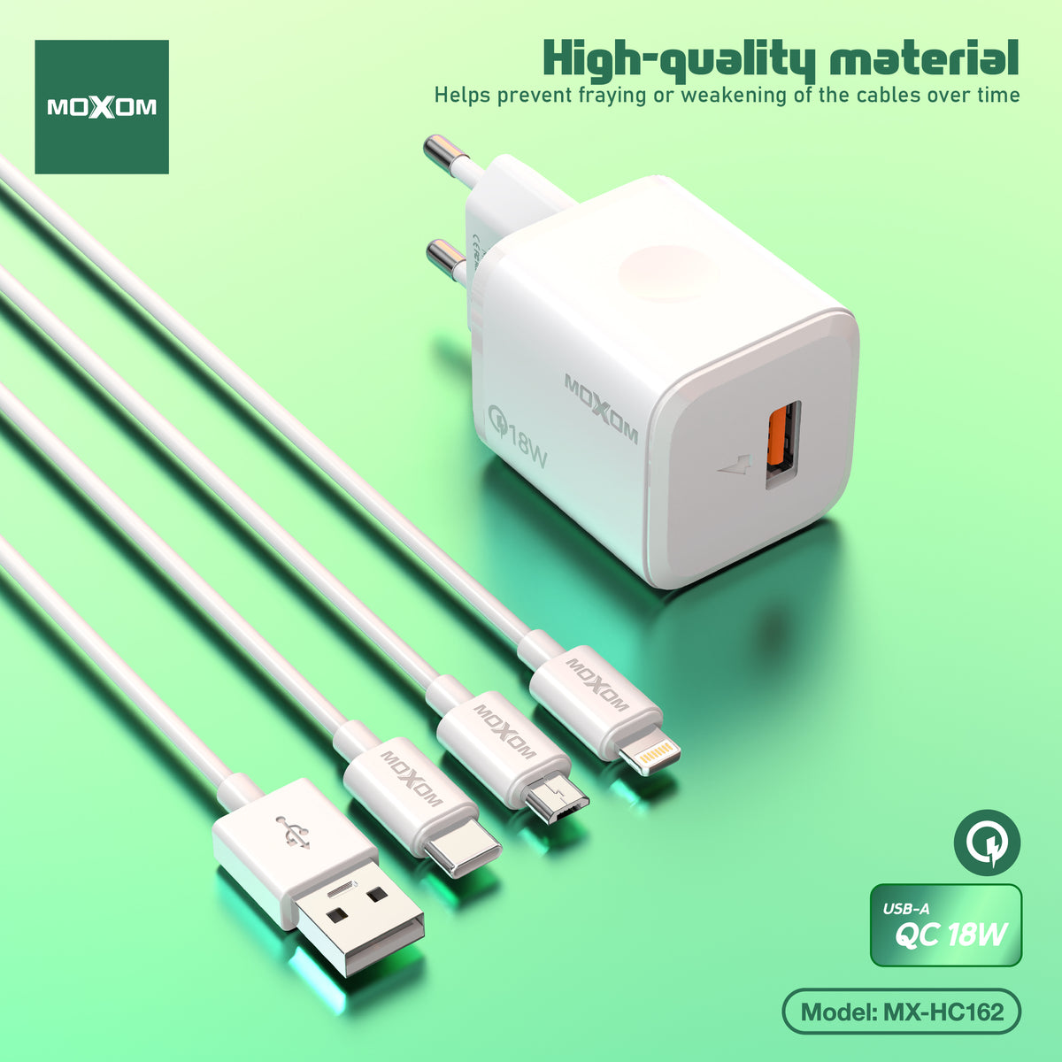 MOXOM MX-HC162 QC 18W USB-A Fast Charger + Cable – Micro USB, Lightning or Type-C, EU Plug, White