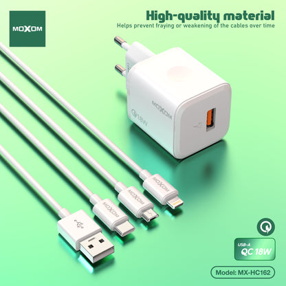 MOXOM MX-HC162 QC 18W USB-A Fast Charger + Cable – Micro USB, Lightning or Type-C, EU Plug, White