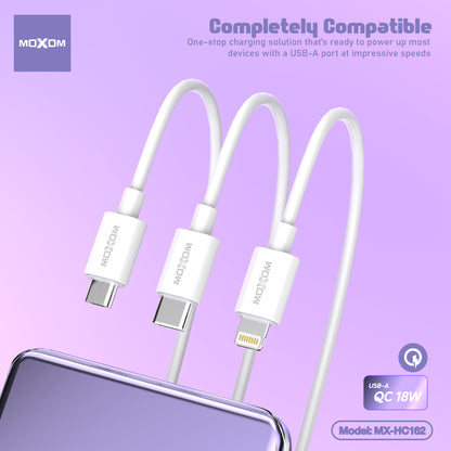 MOXOM MX-HC162 QC 18W USB-A Fast Charger + Cable – Micro USB, Lightning or Type-C, EU Plug, White