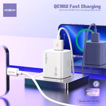 MOXOM MX-HC162 QC 18W USB-A Fast Charger + Cable – Micro USB, Lightning or Type-C, EU Plug, White