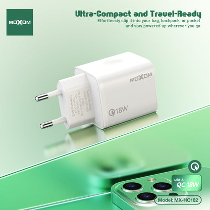 MOXOM MX-HC162 QC 18W USB-A Fast Charger + Cable – Micro USB, Lightning or Type-C, EU Plug, White