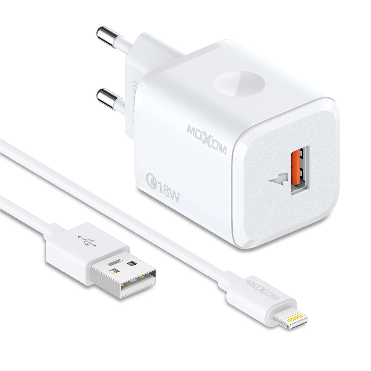 MOXOM MX-HC162 QC 18W USB-A Fast Charger + Cable – Micro USB, Lightning or Type-C, EU Plug, White