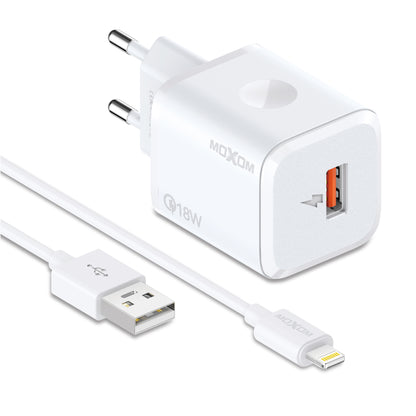 MOXOM MX-HC162 QC 18W USB-A Fast Charger + Cable – Micro USB, Lightning or Type-C, EU Plug, White