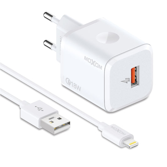 MOXOM MX-HC162 QC 18W USB-A Fast Charger + Cable – Micro USB, Lightning or Type-C, EU Plug, White