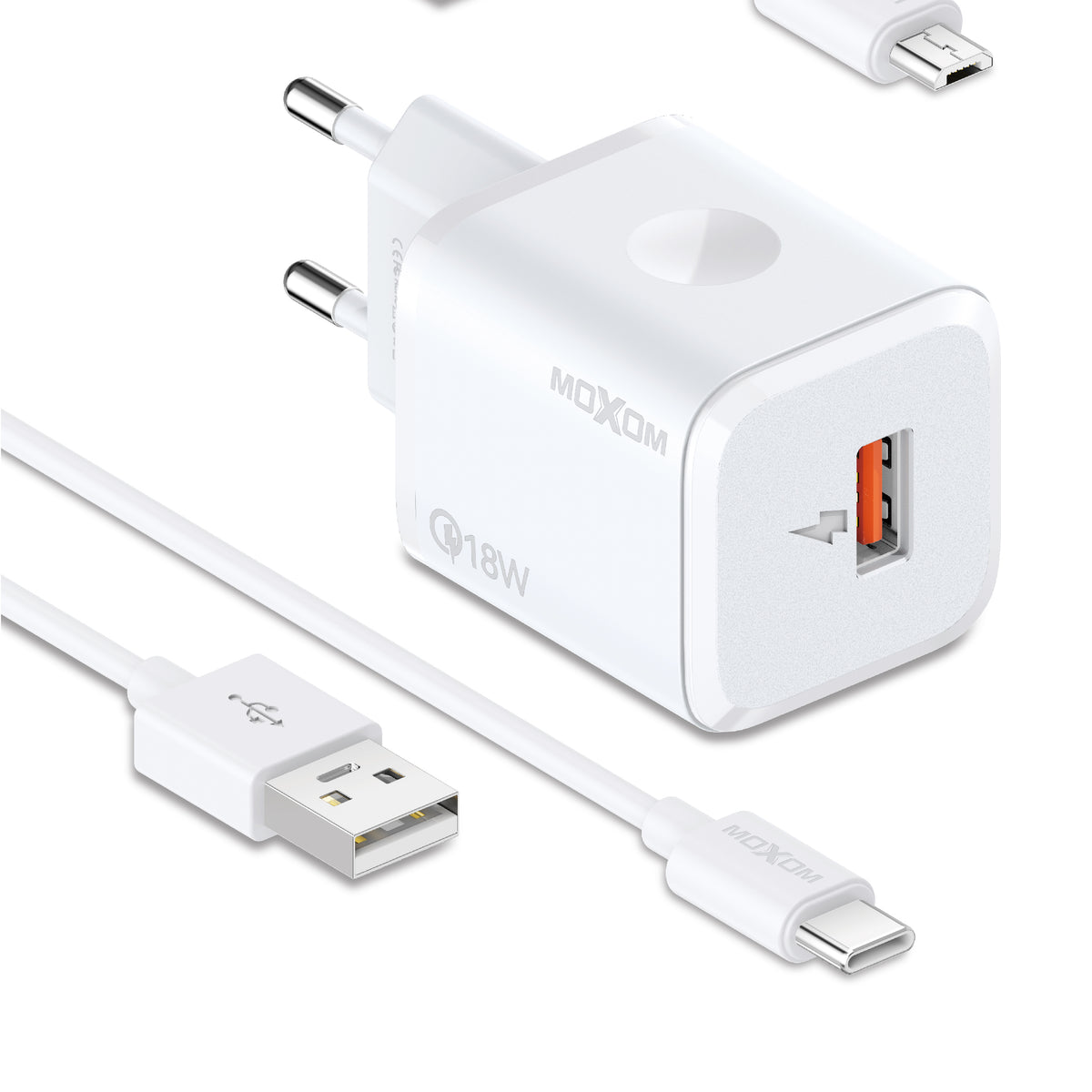 MOXOM MX-HC162 QC 18W USB-A Fast Charger + Cable – Micro USB, Lightning or Type-C, EU Plug, White