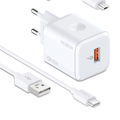 MOXOM MX-HC162 QC 18W USB-A Fast Charger + Cable – Micro USB, Lightning or Type-C, EU Plug, White