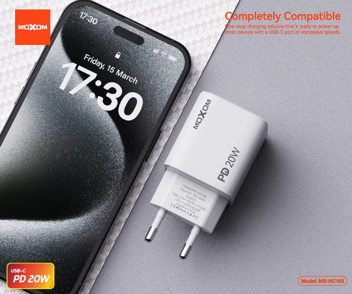 MOXOM MX-HC163 PD 20W USB-C Fast Charger – Charger Only, Compact, EU Plug, White