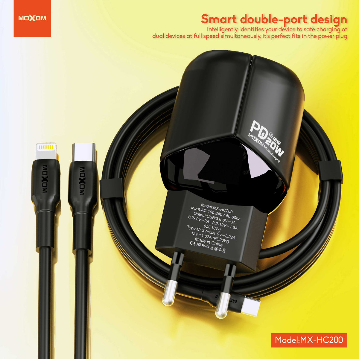 MOXOM MX-HC200 Batman Dual-Port Travel Charger – PD 20W USB-C + QC 18W USB-A, EU Plug, With Cable