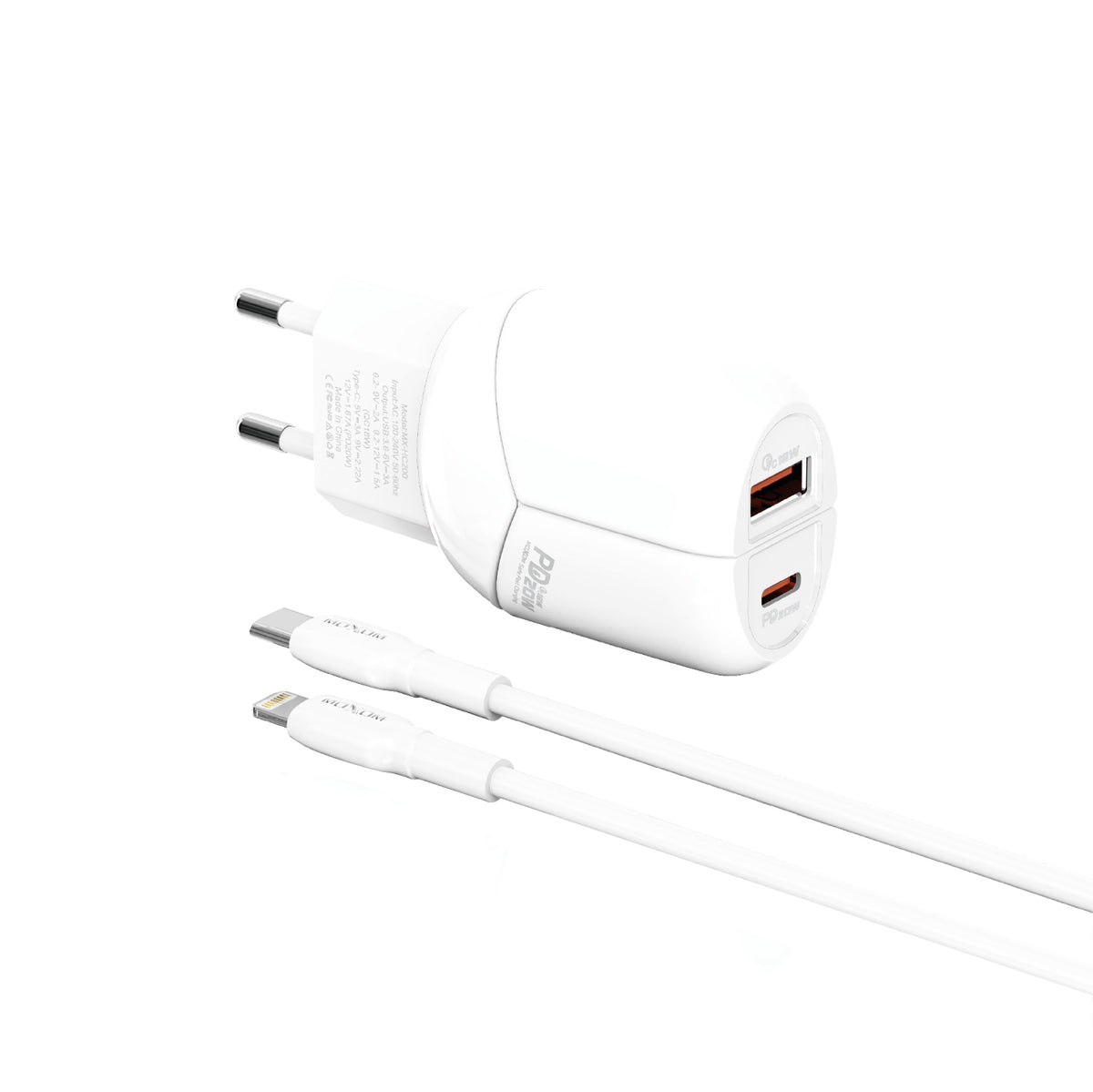 MOXOM MX-HC200 Batman Dual-Port Travel Charger – PD 20W USB-C + QC 18W USB-A, EU Plug, With Cable