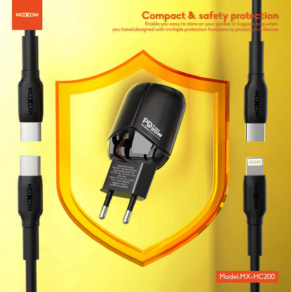 MOXOM MX-HC200 Batman Dual-Port Travel Charger – PD 20W USB-C + QC 18W USB-A, EU Plug, With Cable