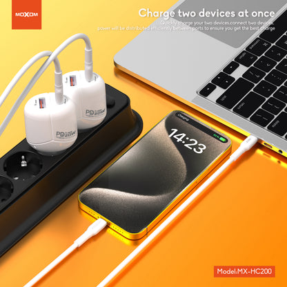 MOXOM MX-HC200 Batman Dual-Port Travel Charger – PD 20W USB-C + QC 18W USB-A, EU Plug, With Cable