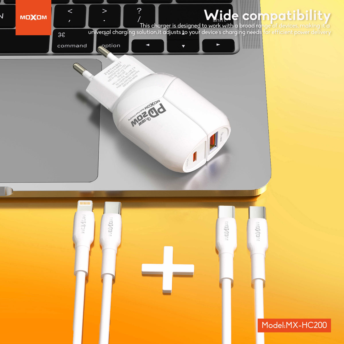 MOXOM MX-HC200 Batman Dual-Port Travel Charger – PD 20W USB-C + QC 18W USB-A, EU Plug, With Cable