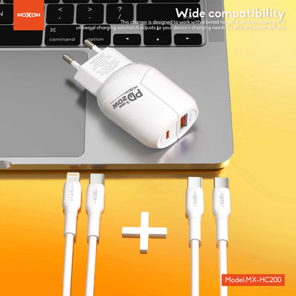MOXOM MX-HC200 Batman Dual-Port Travel Charger – PD 20W USB-C + QC 18W USB-A, EU Plug, With Cable