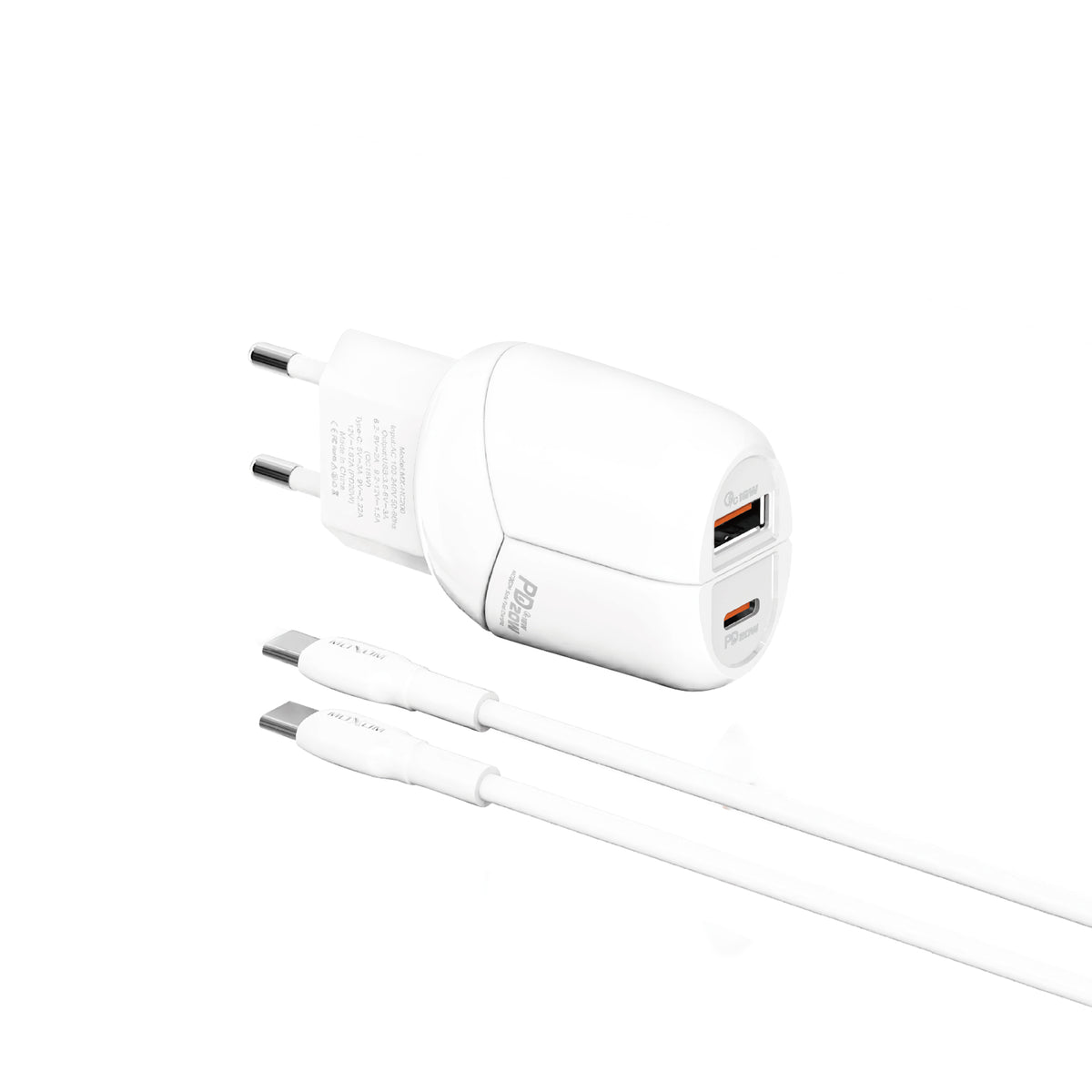 MOXOM MX-HC200 Batman Dual-Port Travel Charger – PD 20W USB-C + QC 18W USB-A, EU Plug, With Cable