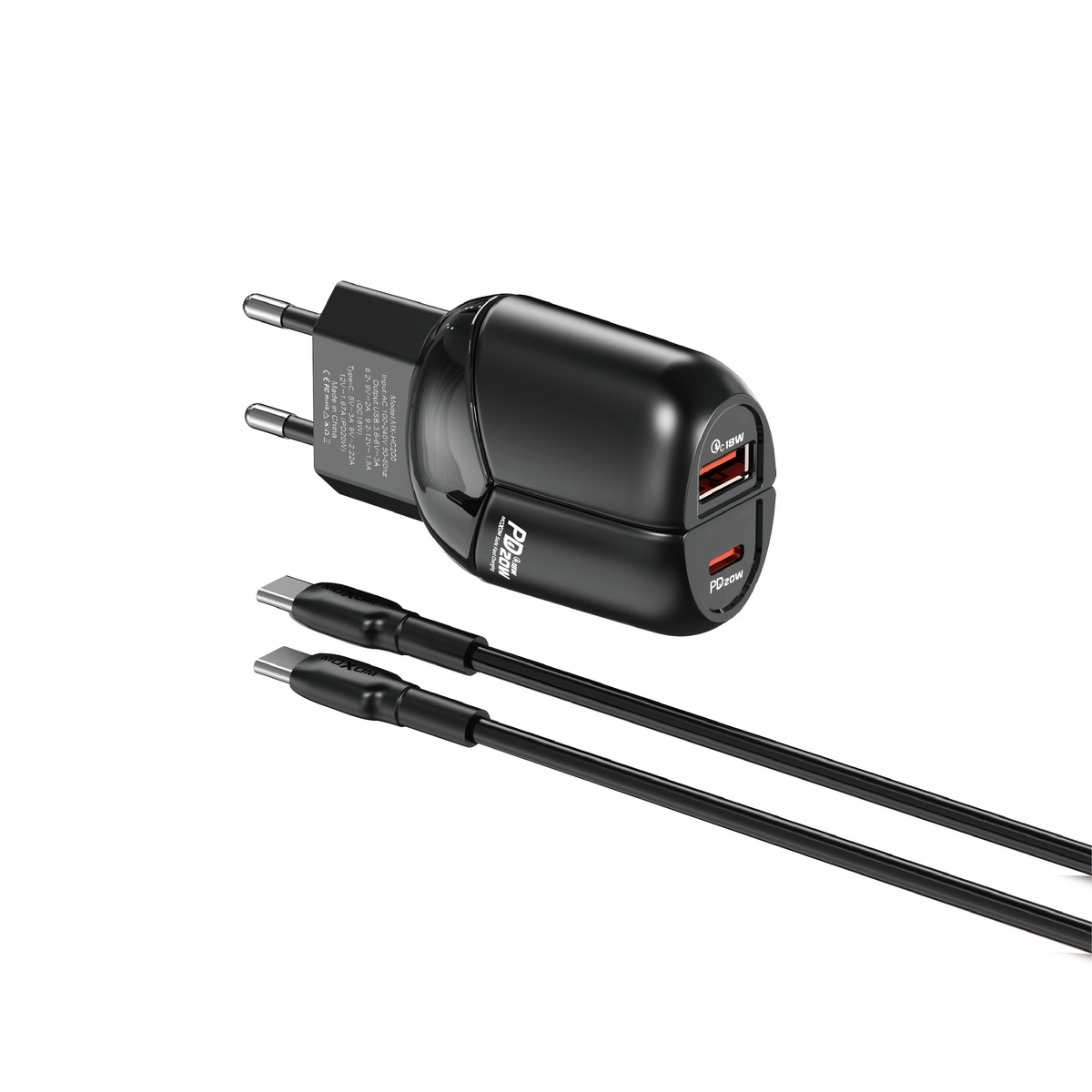 MOXOM MX-HC200 Batman Dual-Port Travel Charger – PD 20W USB-C + QC 18W USB-A, EU Plug, With Cable