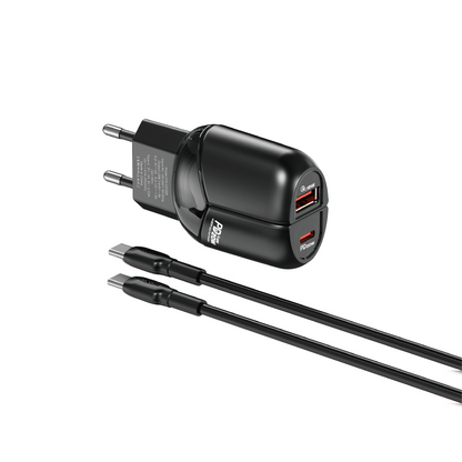 MOXOM MX-HC200 Batman Dual-Port Travel Charger – PD 20W USB-C + QC 18W USB-A, EU Plug, With Cable