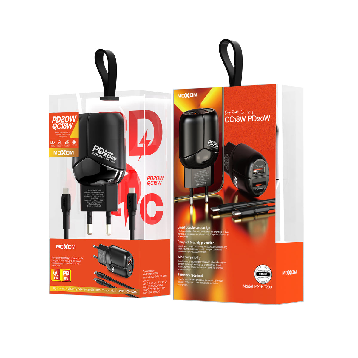 MOXOM MX-HC200 Batman Dual-Port Travel Charger – PD 20W USB-C + QC 18W USB-A, EU Plug, With Cable
