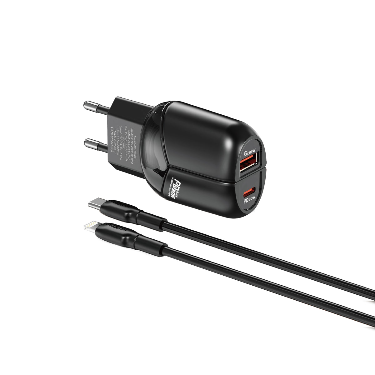 MOXOM MX-HC200 Batman Dual-Port Travel Charger – PD 20W USB-C + QC 18W USB-A, EU Plug, With Cable