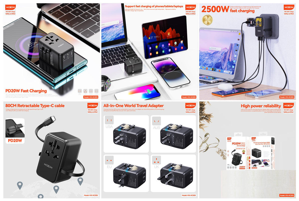 MOXOM MX-HC203 Worldwide Travel Adapter – 4 USB Ports, PD 20W USB-C Fast Charging, 100–250V