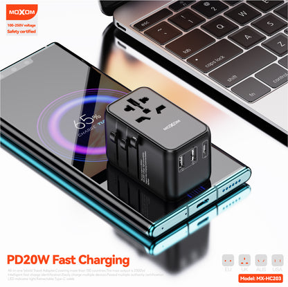 MOXOM MX-HC203 Worldwide Travel Adapter – 4 USB Ports, PD 20W USB-C Fast Charging, 100–250V