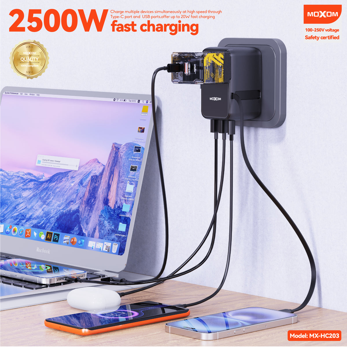 MOXOM MX-HC203 Worldwide Travel Adapter – 4 USB Ports, PD 20W USB-C Fast Charging, 100–250V